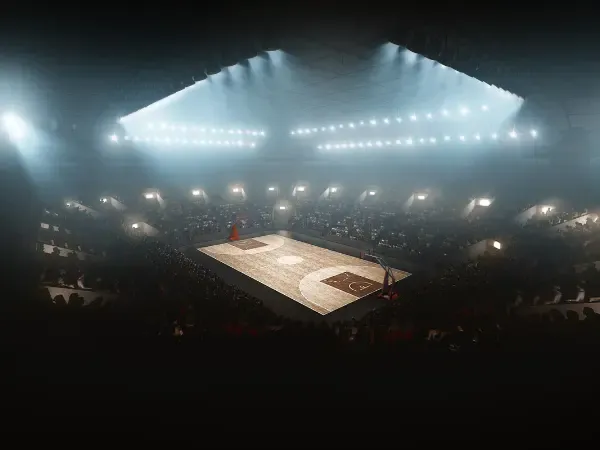 Indoor arena court lit for an event