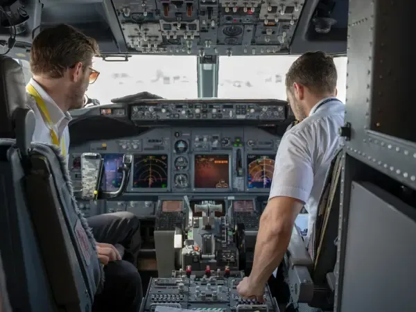 Flight crew at work in an aircraft cockpit