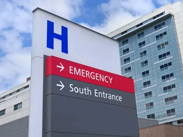 Hospital emergency entrance and wayfinding signage