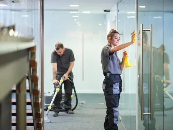 Cleaning crew servicing a commercial lobby