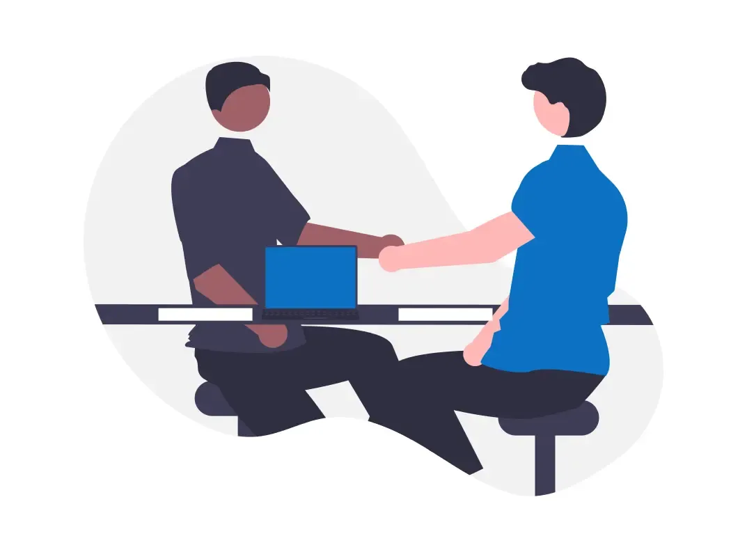 Illustration of two people shaking hands across a desk