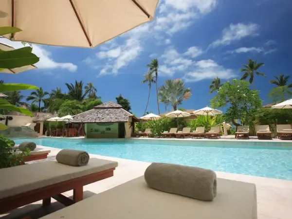 Resort pool deck lined with palm trees