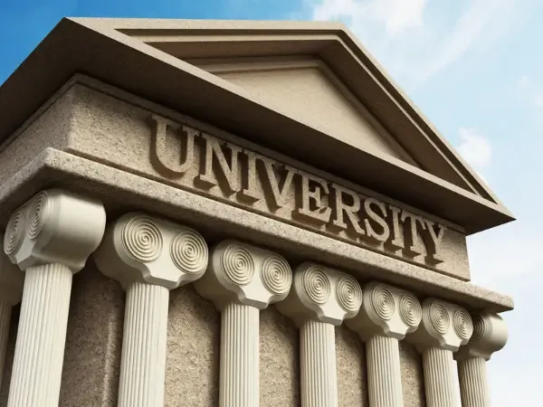 Stone university building facade with carved lettering