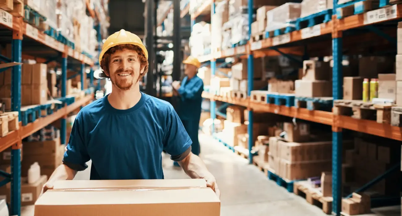 A warehouse worker in a hard hat standing between tall racks of stacked pallets